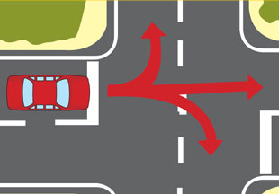Diagram of arrows showing left turn, right turn and straight on